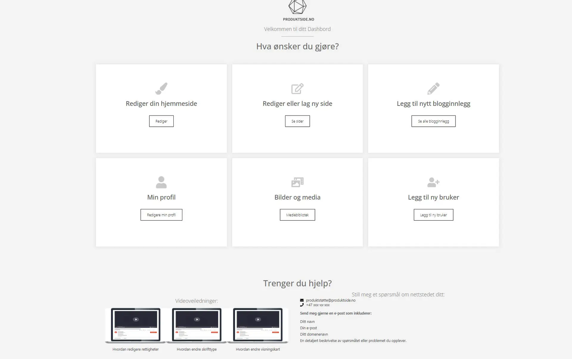 Hjemmeside dashboard